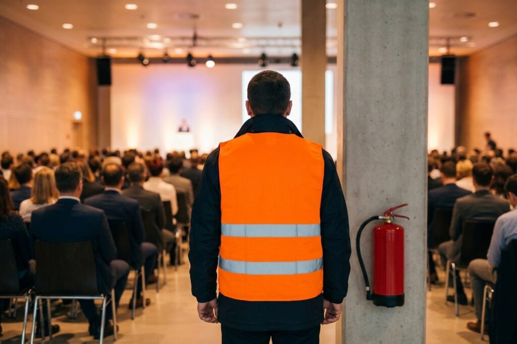 Brandsicherheitswache in Warnweste mit Feuerlöscher überwacht eine gut besuchte Veranstaltung in einer Halle