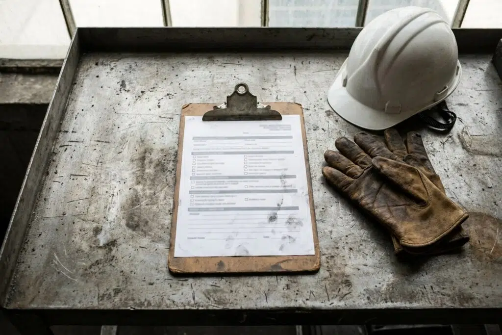 Ausgefüllter Erlaubnisschein für Heißarbeiten auf einem Klemmbrett mit Arbeitshandschuhen und Schutzhelm