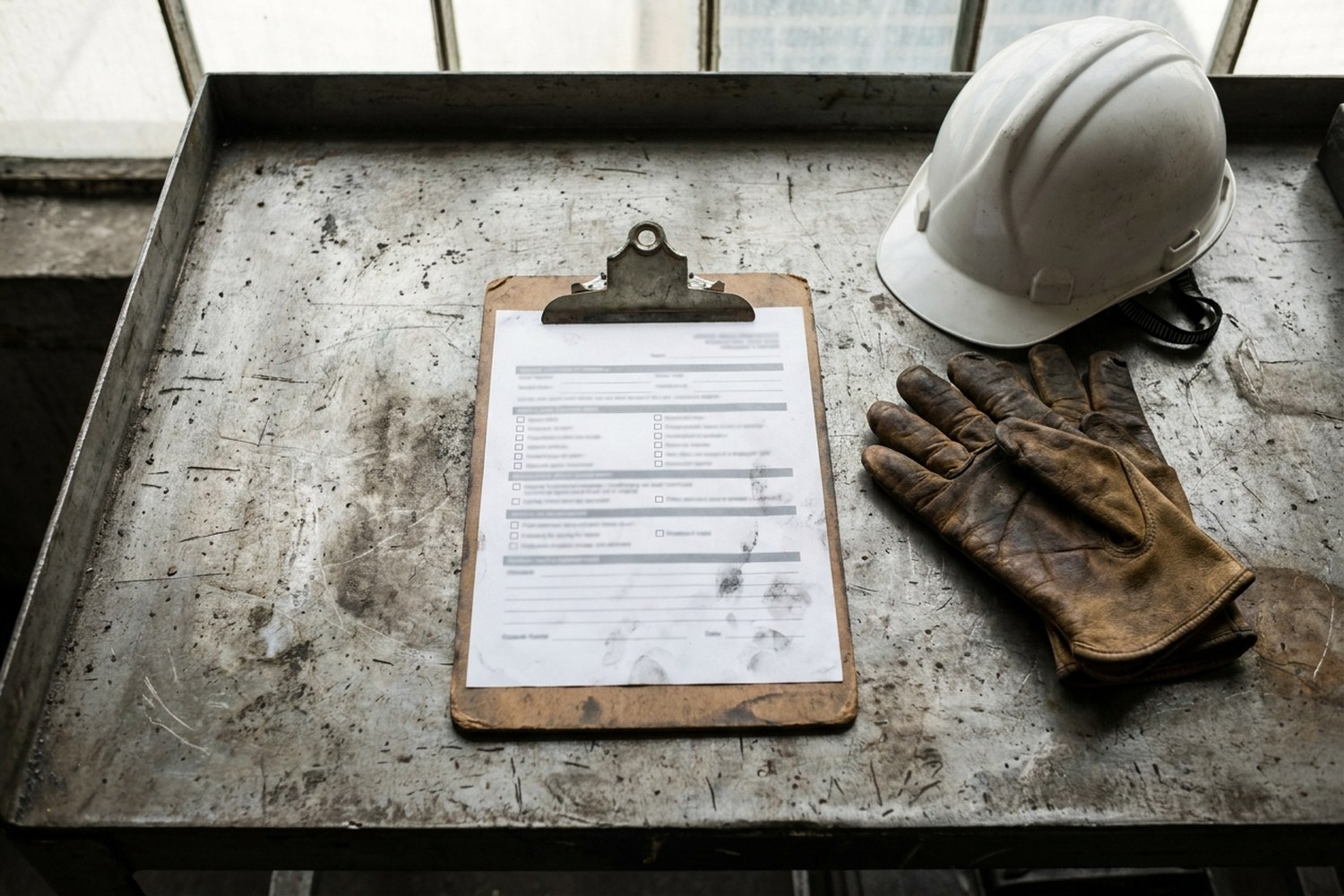 Ausgefüllter Erlaubnisschein für Heißarbeiten auf einem Klemmbrett mit Arbeitshandschuhen und Schutzhelm