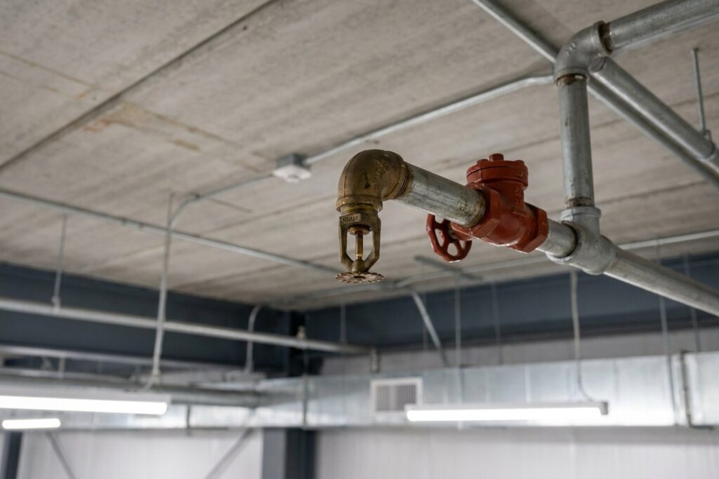 Sprinklerkopf mit rotem Absperrventil und Rohrleitung an der Decke einer Sprinkleranlage